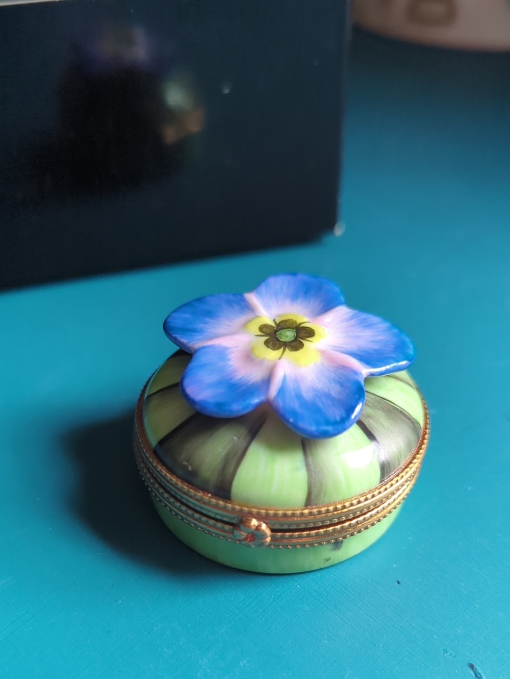 Limoges Blue Flower on Green Enamel Trinket Box